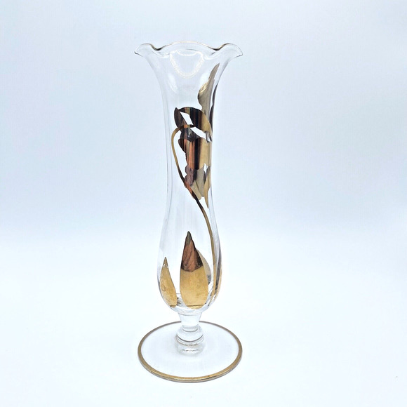 Vintage Hand Blown Glass Fluted Bud Vase Gold Gilt Floral Flower Leaves MCM - Picture 2 of 9